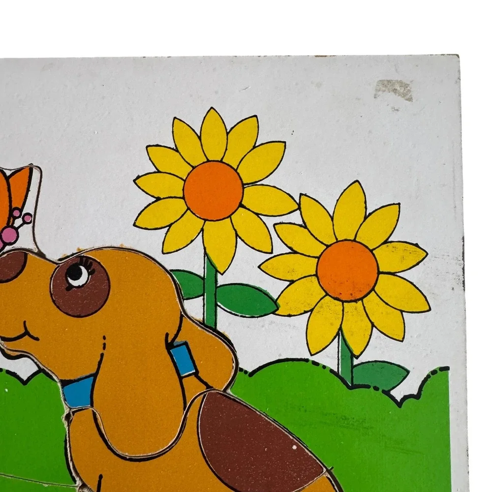 Playskool Garden Dog Butterfly Wooden Peg Puzzle 7 Pieces Made in USA Board‎